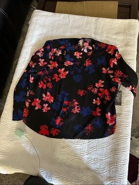 Vince Camuto Black Floral Blouse with Red & Blue Flowers